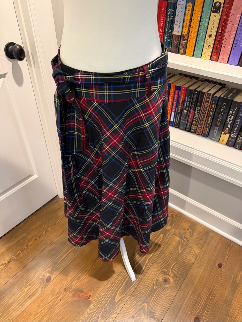 New York & Company Navy and Red Plaid Skater Wrap Skirt